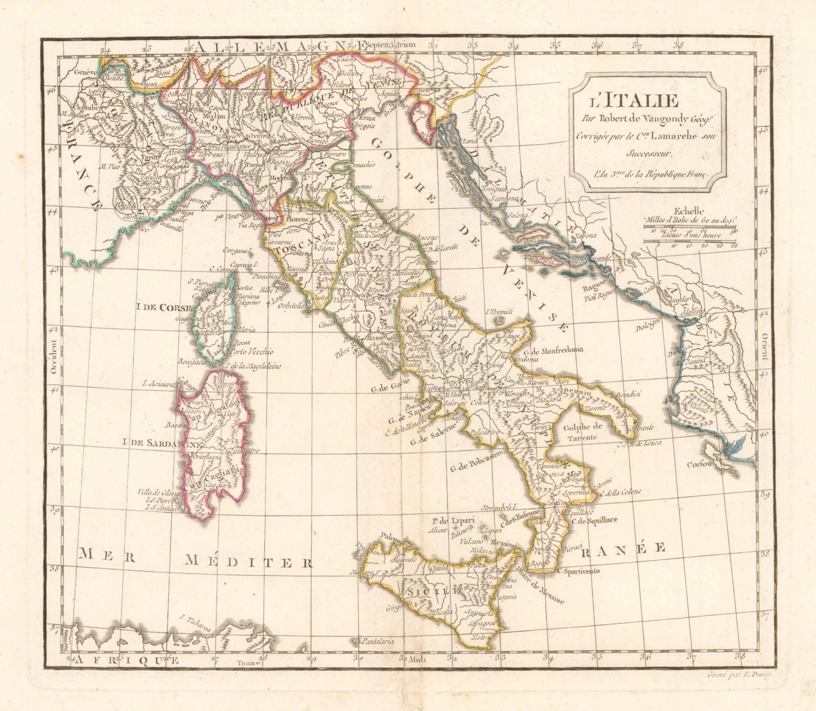 'L'Italie' by Delamarche after Robert de Vaugondy. Italy states 1795 old map
